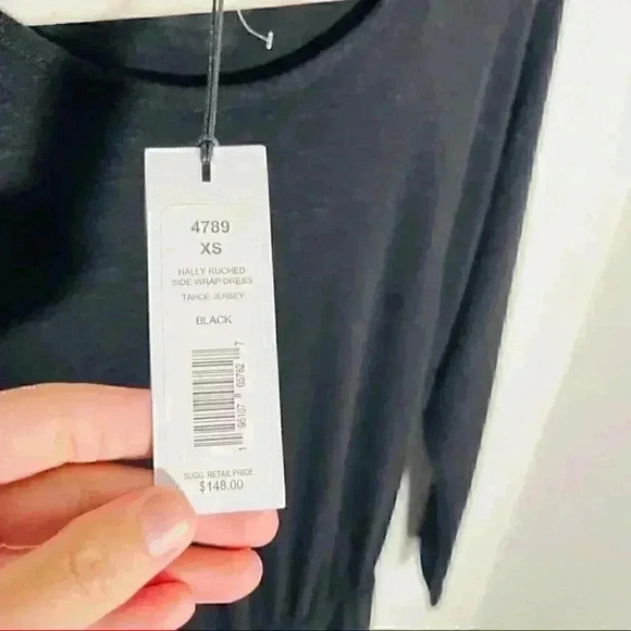 NWT Michael Stars Hally Ruched Side Faux Wrap Tahoe Jersey Dress in Black - Picture 4 of 7